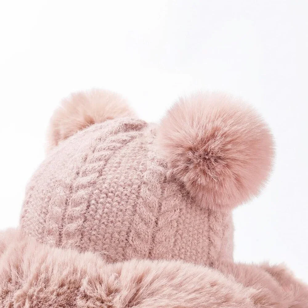 Women pink Winter Sherpa Beanie Hats Knit Ear Flaps Peruvian Cover Ears